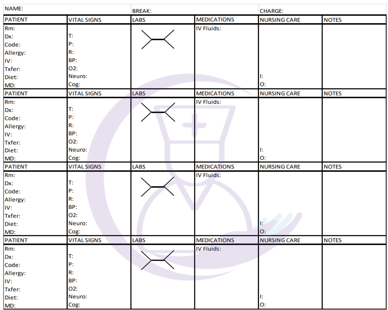 nurse report sheet for 6 patients